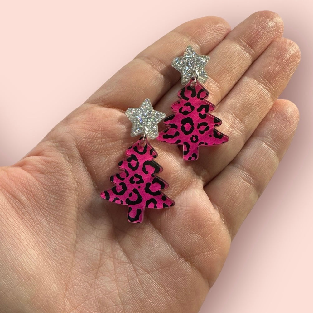 Pink Cheetah Tree Earrings