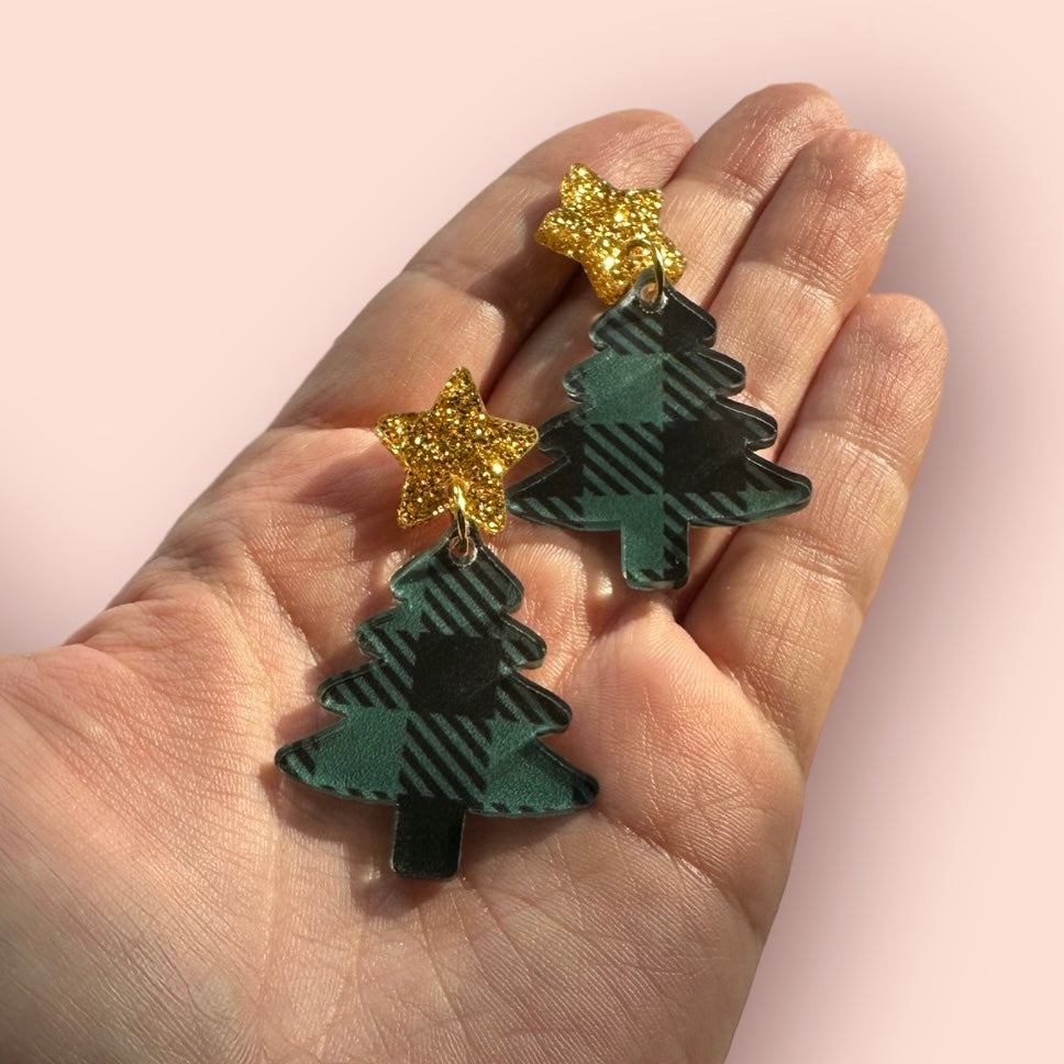 Green Plaid Tree Earrings