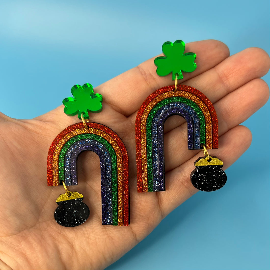 Glitter Rainbow Pot of Gold Earrings