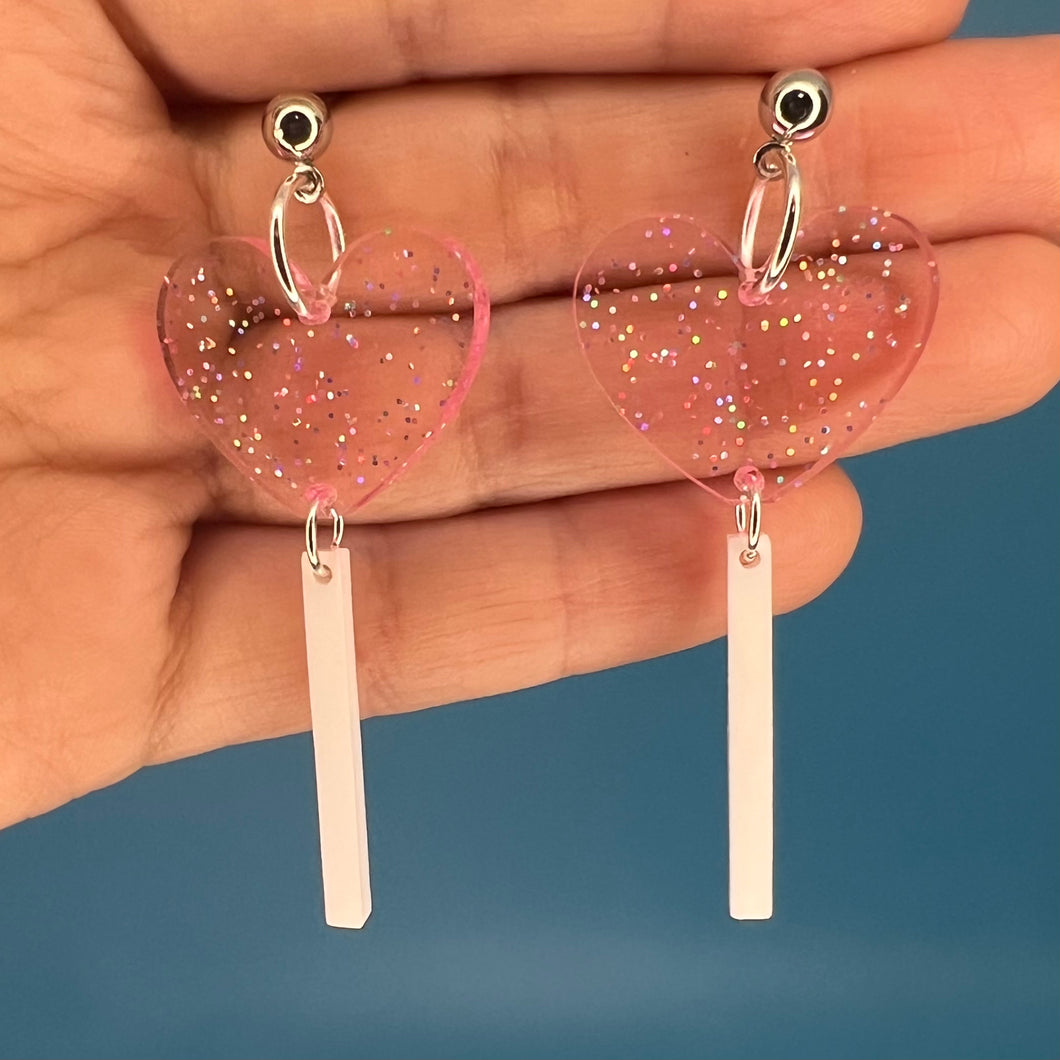 Pink Glitter Heart Lollipop Earrings