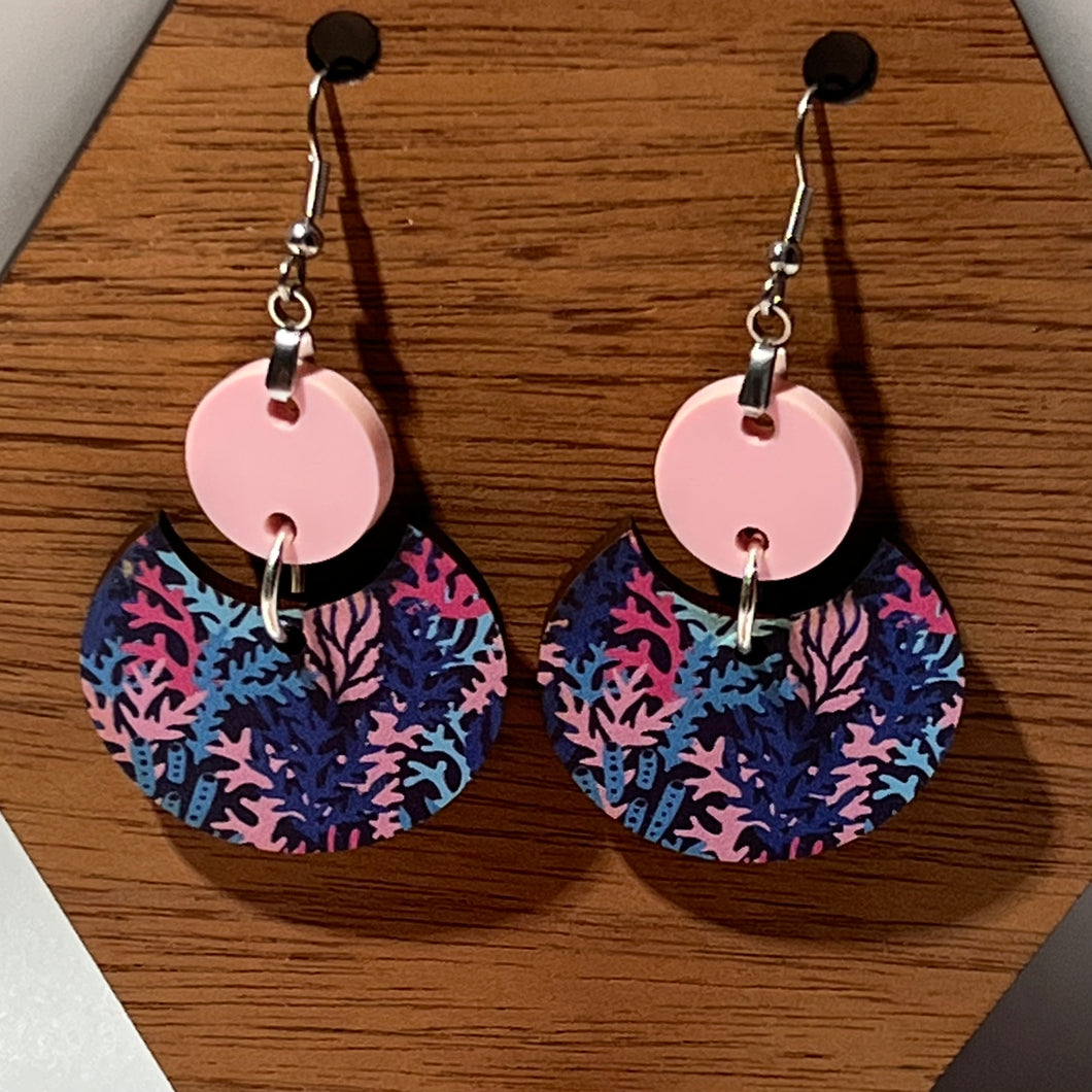 Coral Print and Pink Circle Earrings