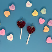 Load image into Gallery viewer, Red Glitter Heart Lollipop Earrings
