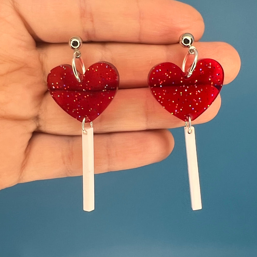 Red Glitter Heart Lollipop Earrings